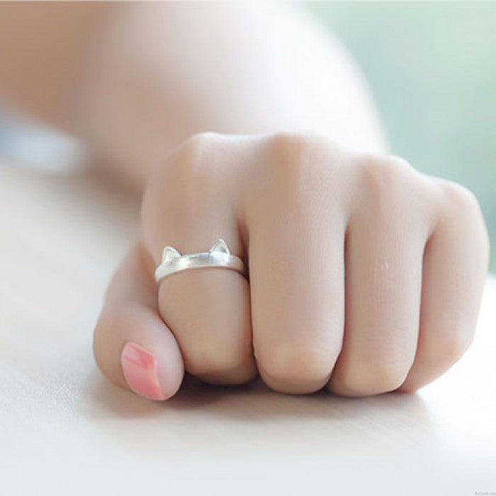 Sterling Silver Bohemian Cat Ears Paw Adjustable Ring