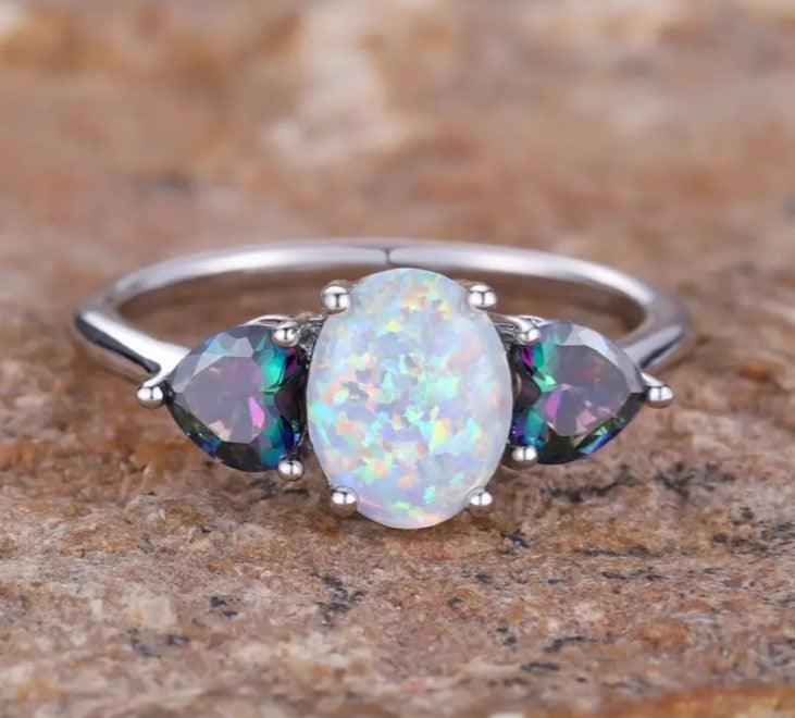 White Opal & Heart Shaped Mystical Topaz Ring