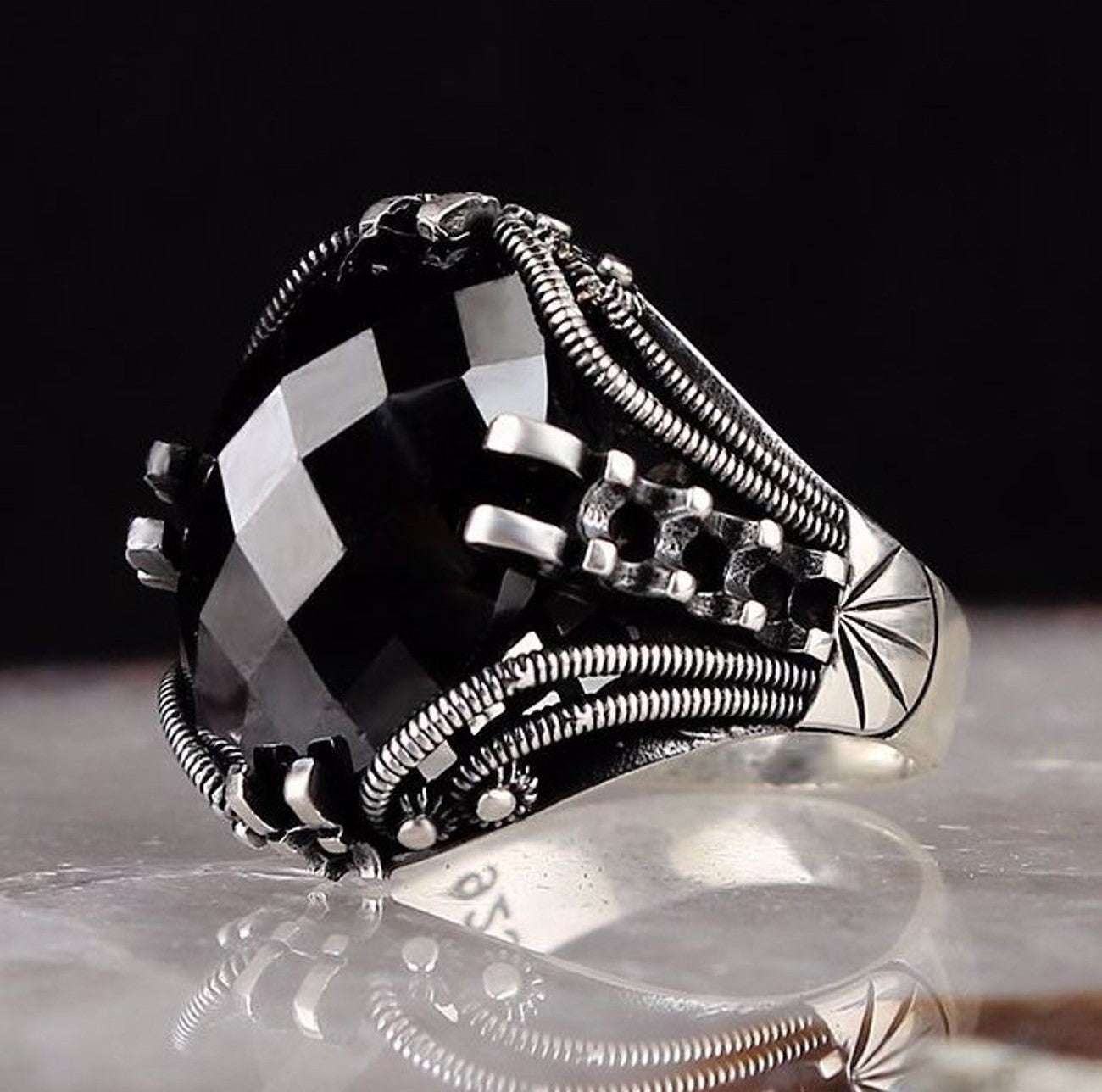 Men's Domineering Black Zircon Turkish Silver Ring