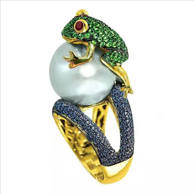 Frog Golden Toad Play Beads White Simulated Pearl Gold Ring