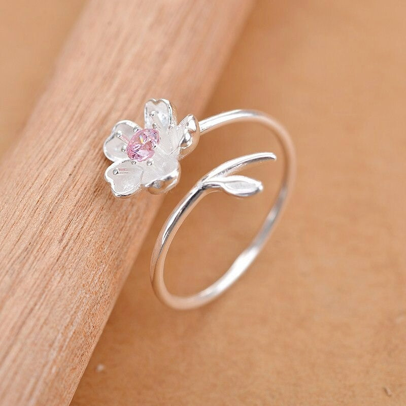 Sterling Silver Pink Flower Open Sakura Ring