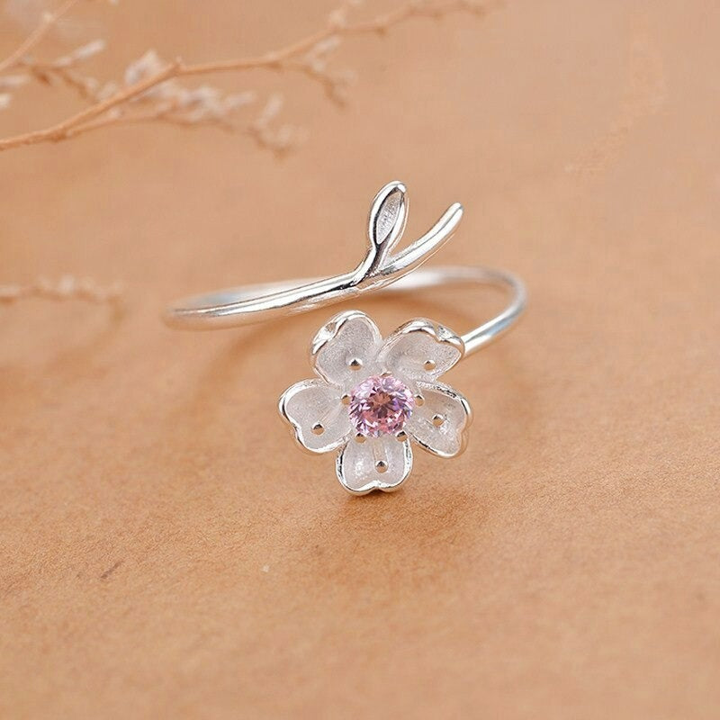 Sterling Silver Pink Flower Open Sakura Ring