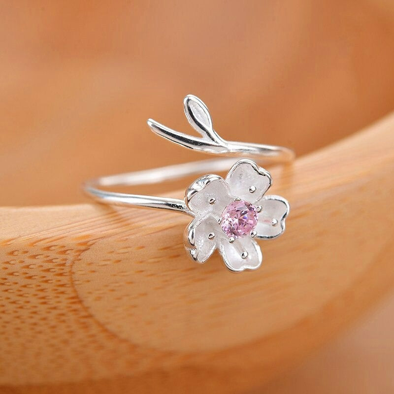 Sterling Silver Pink Flower Open Sakura Ring