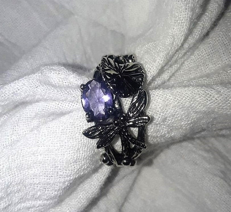 Retro Vintage Leaf Dragonfly Purple Crystal Silver Ring