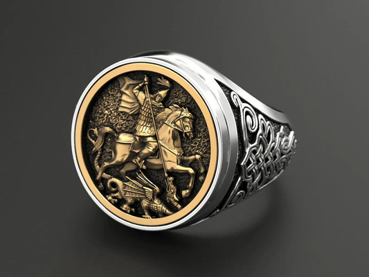 Men's 925 Sterling Silver Rome Soldier Horse Two Tone Ring