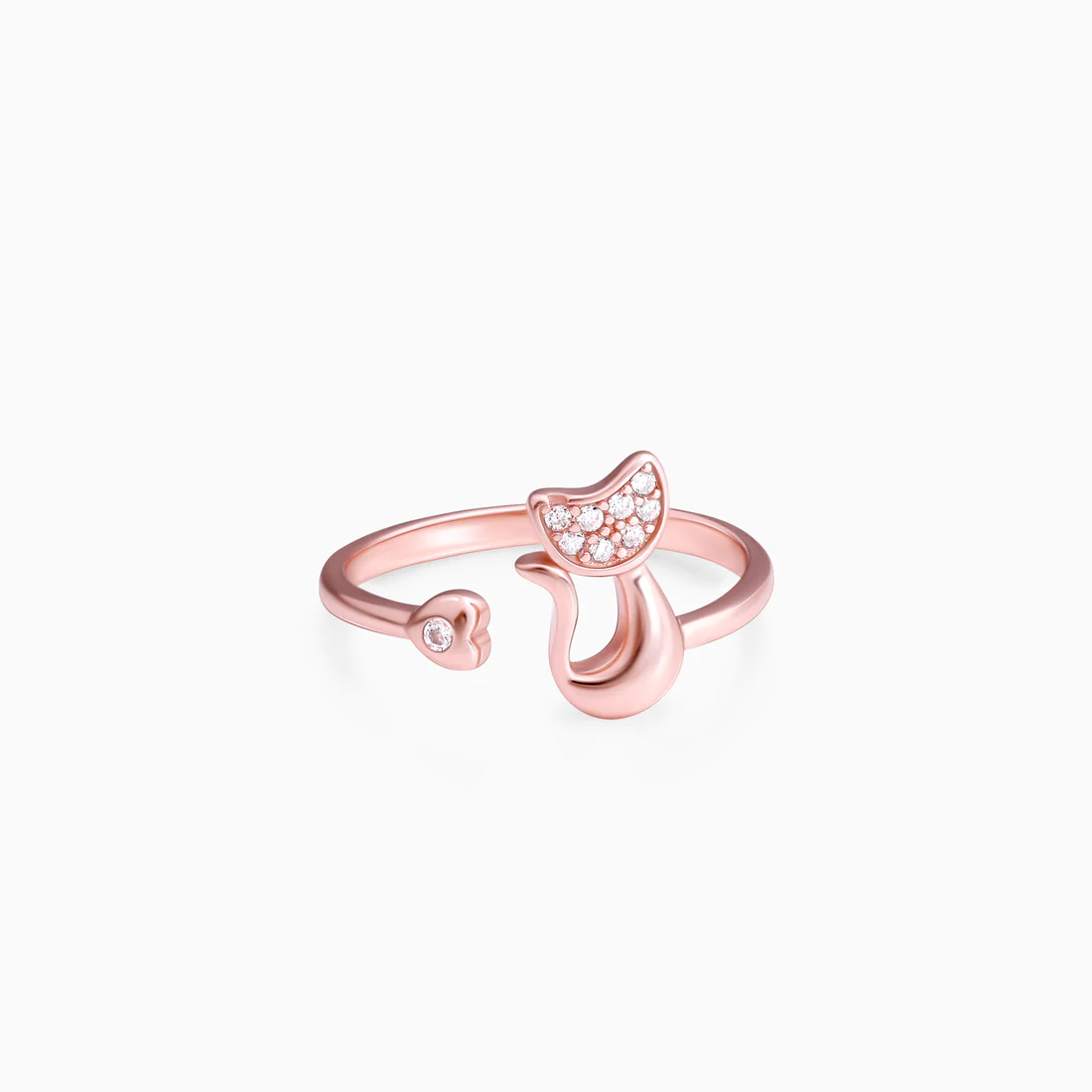Sterling Silver Cute Kitten Heart Rose Gold Open Cat Ring