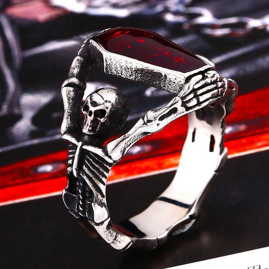 Men's Punk Red Skeleton Skull Silver Halloween Ring