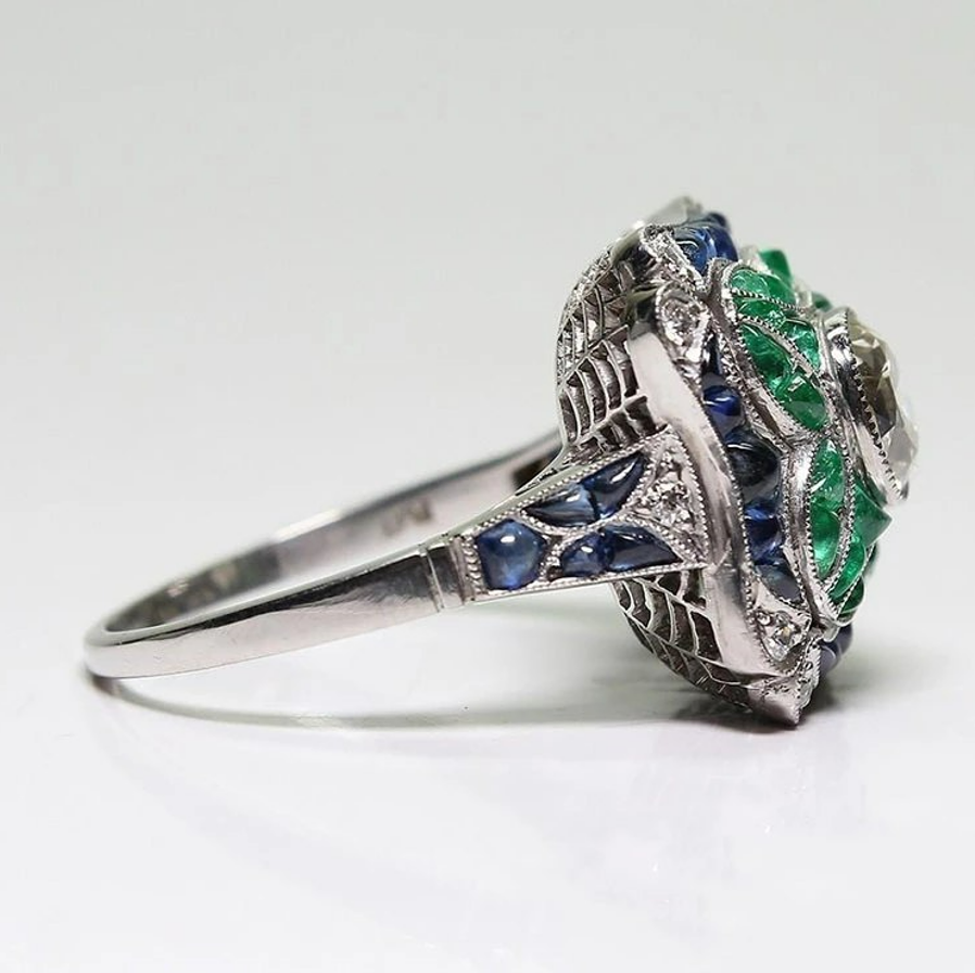 Vintage Emerald Green White Blue Topaz Antique Silver Art Deco Ring