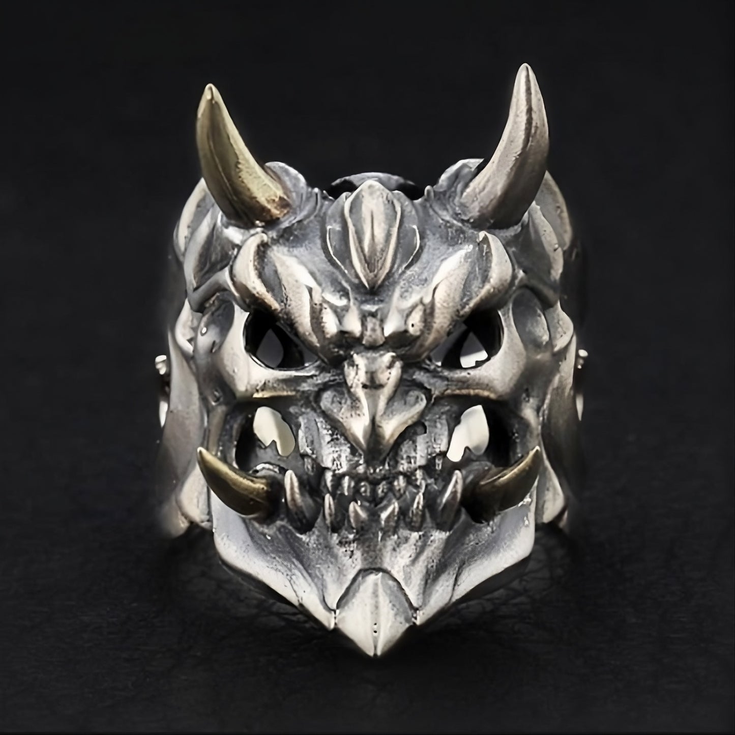 Gothic Demon Skull Ring for Men — Yokai Punk Biker Open Silver Ring