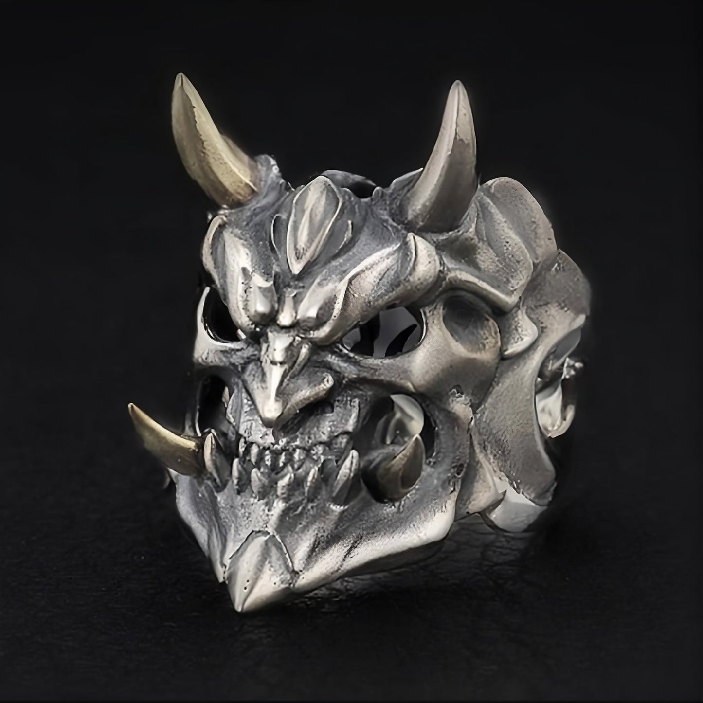 Gothic Demon Skull Ring for Men — Yokai Punk Biker Open Silver Ring
