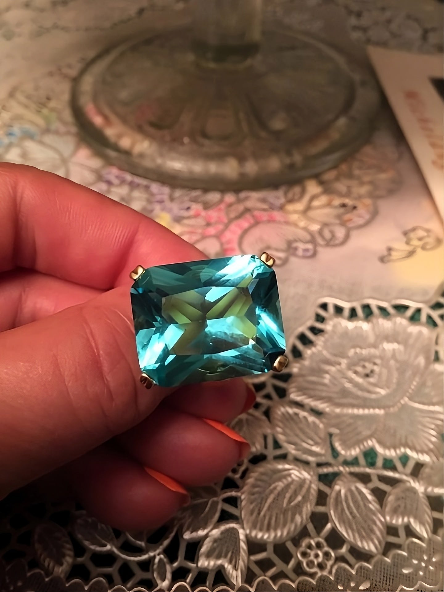 Sea Blue Emerald Cut CZ Statement Ring | Large Rhinestone Gold Prong S925