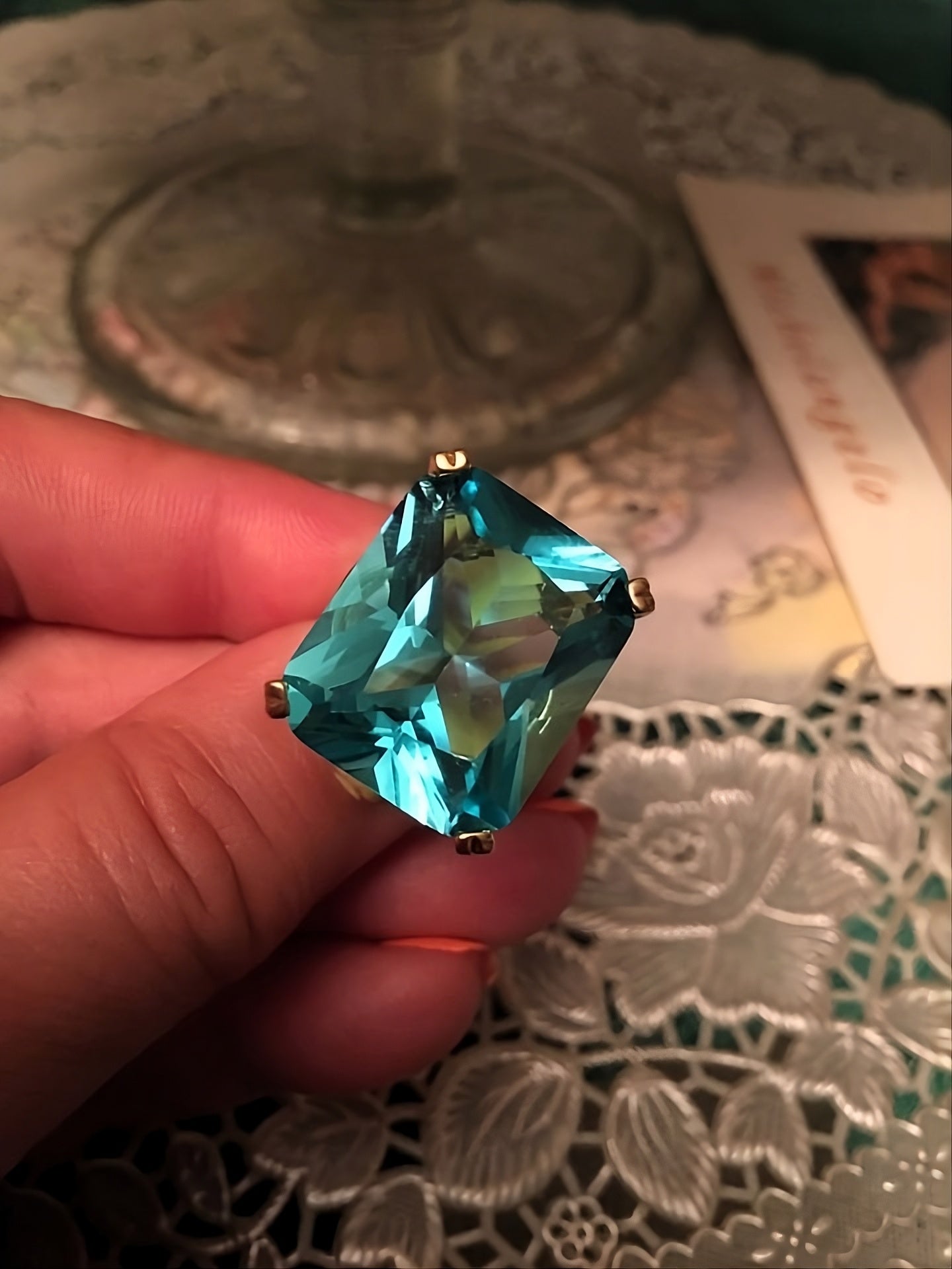 Sea Blue Emerald Cut CZ Statement Ring | Large Rhinestone Gold Prong S925