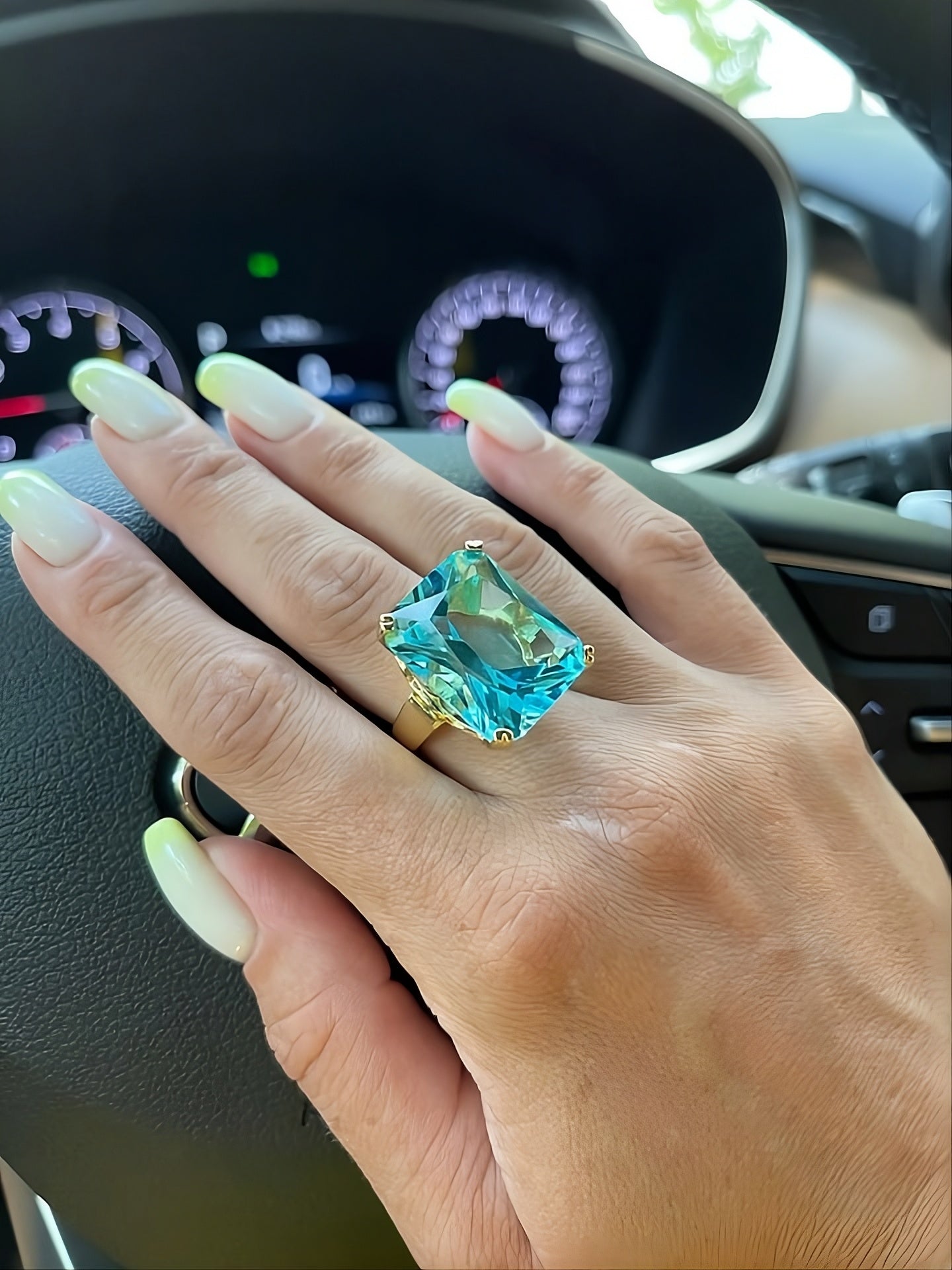 Sea Blue Emerald Cut CZ Statement Ring | Large Rhinestone Gold Prong S925