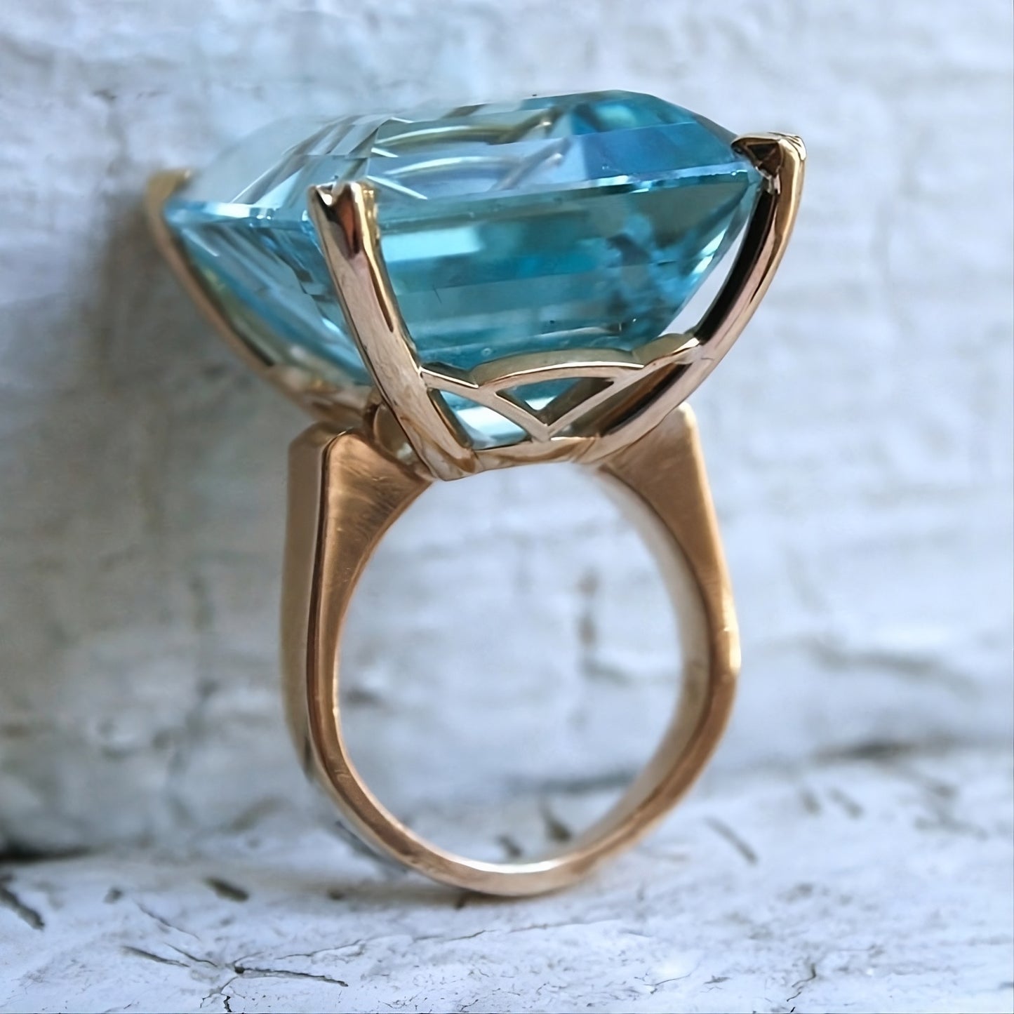 Sea Blue Emerald Cut CZ Statement Ring | Large Rhinestone Gold Prong S925