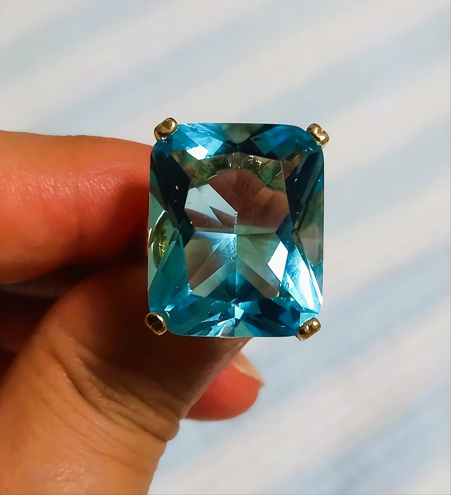 Sea Blue Emerald Cut CZ Statement Ring | Large Rhinestone Gold Prong S925