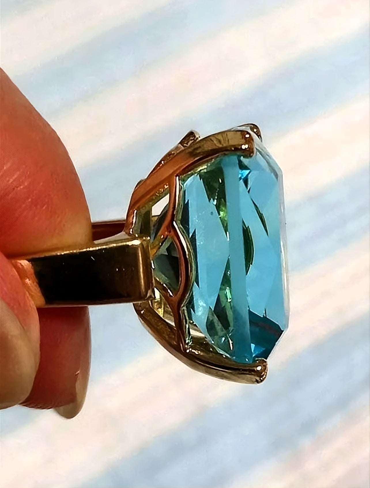 Sea Blue Emerald Cut CZ Statement Ring | Large Rhinestone Gold Prong S925