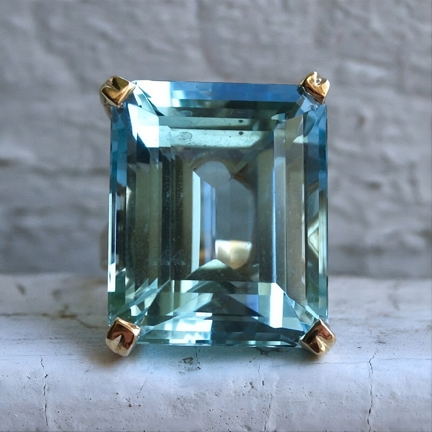 Sea Blue Emerald Cut CZ Statement Ring | Large Rhinestone Gold Prong S925