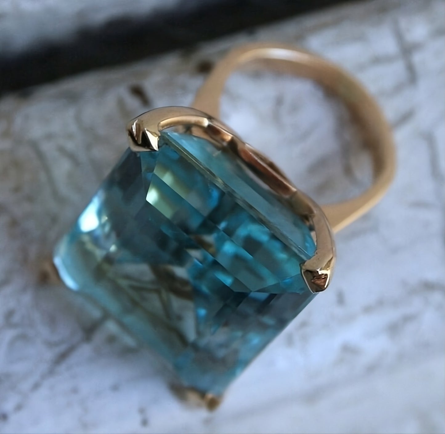 Sea Blue Emerald Cut CZ Statement Ring | Large Rhinestone Gold Prong S925