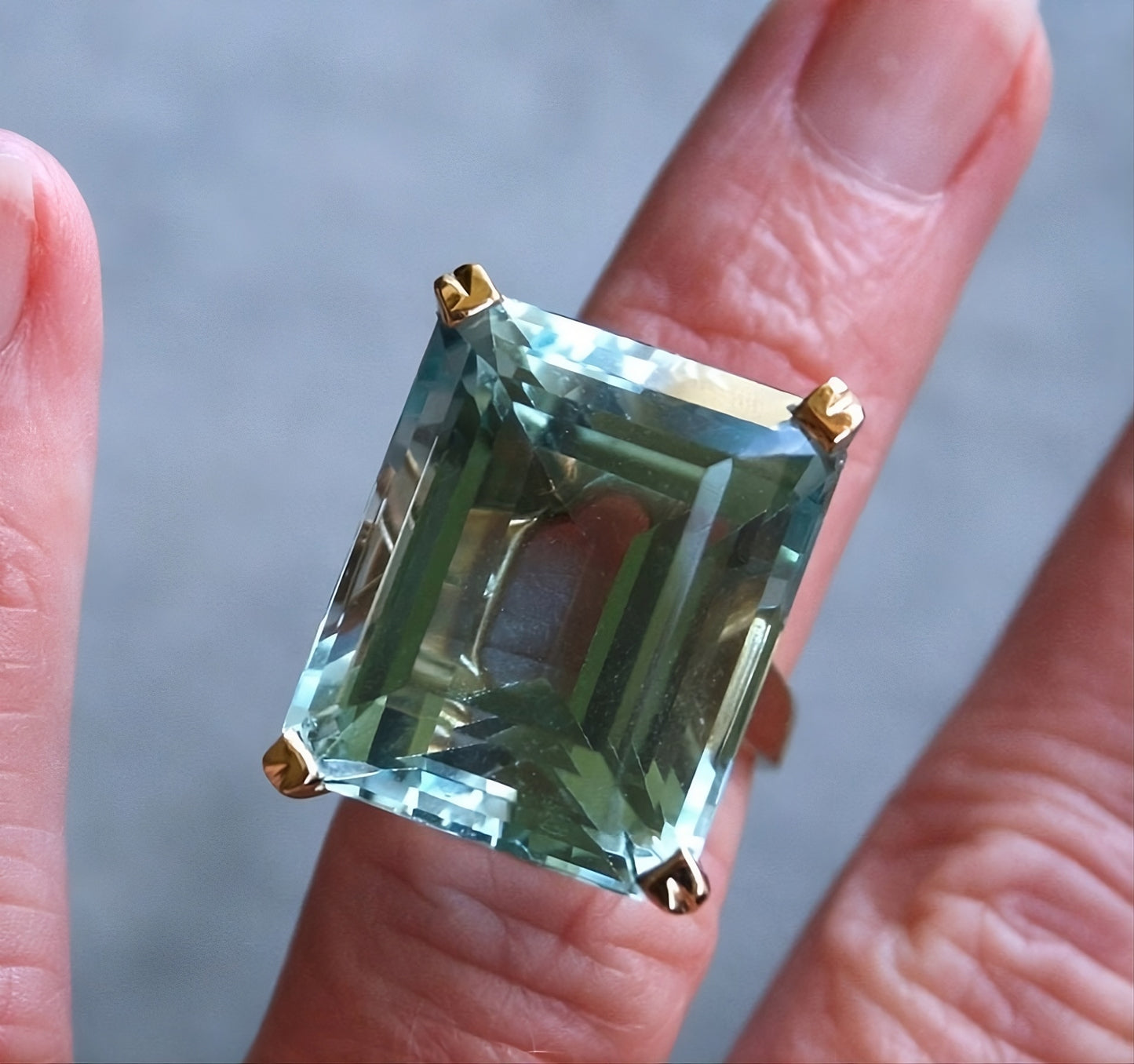 Sea Blue Emerald Cut CZ Statement Ring | Large Rhinestone Gold Prong S925
