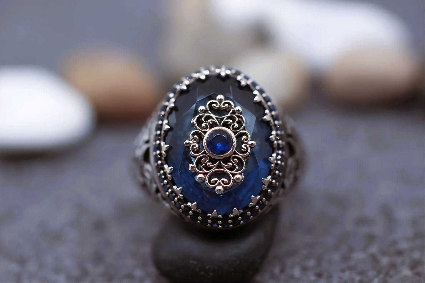 Vintage Inspired Blue Ancient Middle East Arabic Style Men's Retro Silver Ring