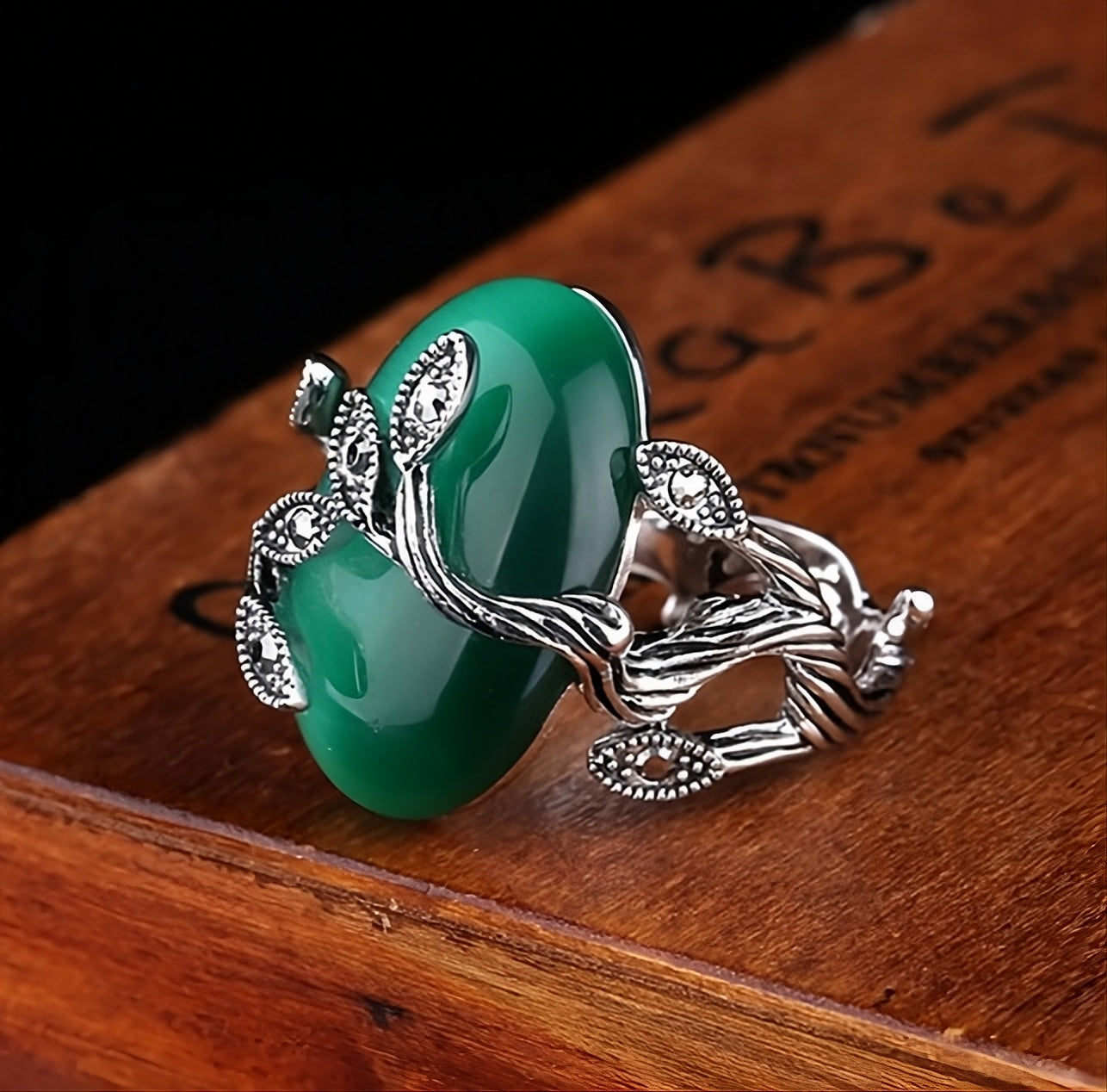 Vintage Handmade Austrian Green Blackened Silver Leaf Ring