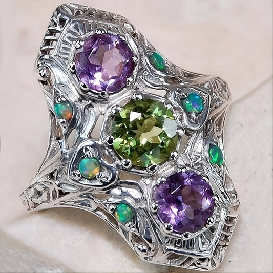 925 Sterling Silver Amethyst & Peridot Vintage Ring