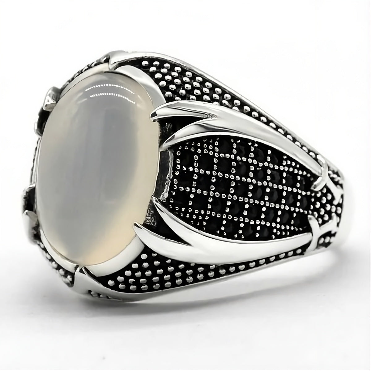 Men's 925 Sterling Silver Opal & Black CZ Geometric Statement Ring