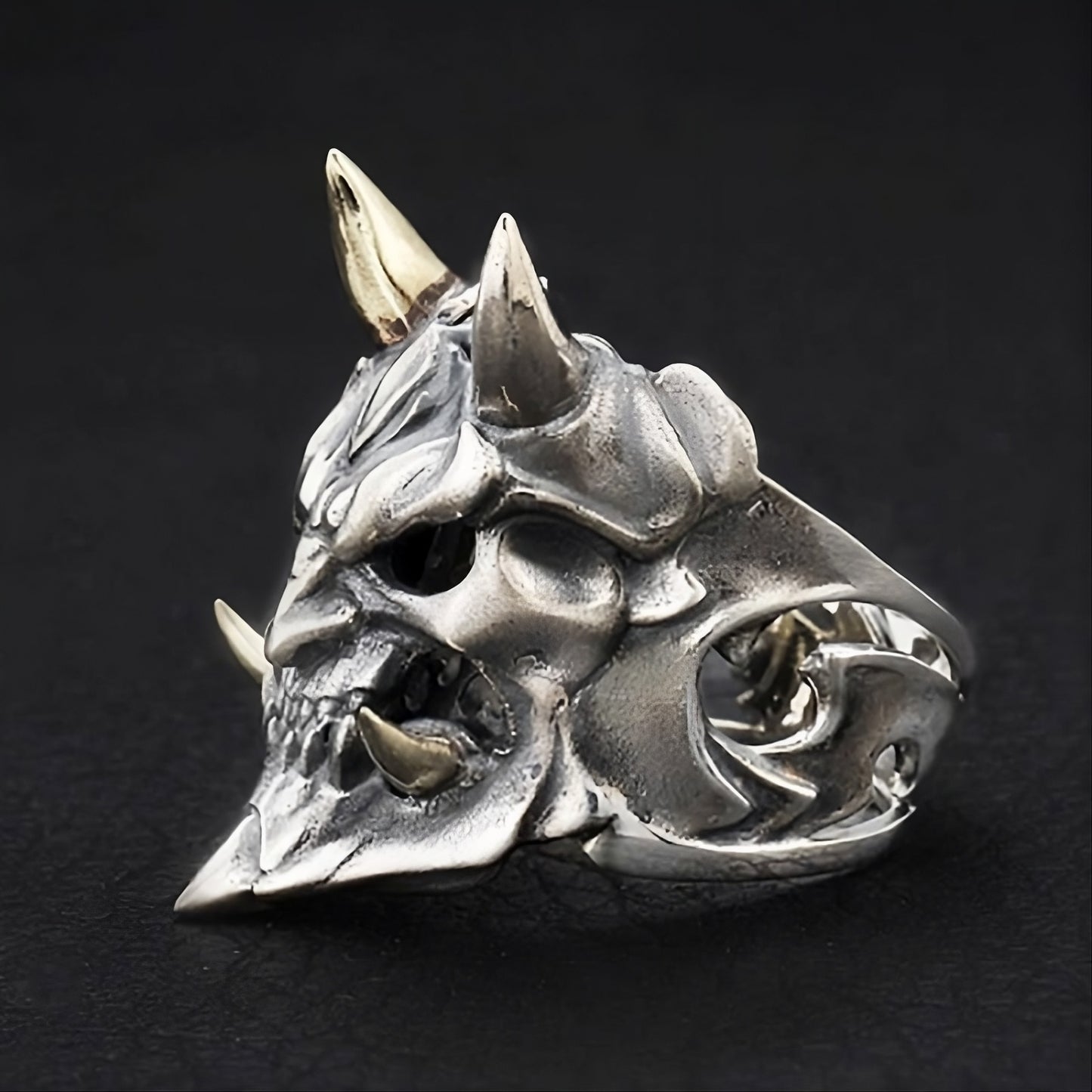 Gothic Demon Skull Ring for Men — Yokai Punk Biker Open Silver Ring