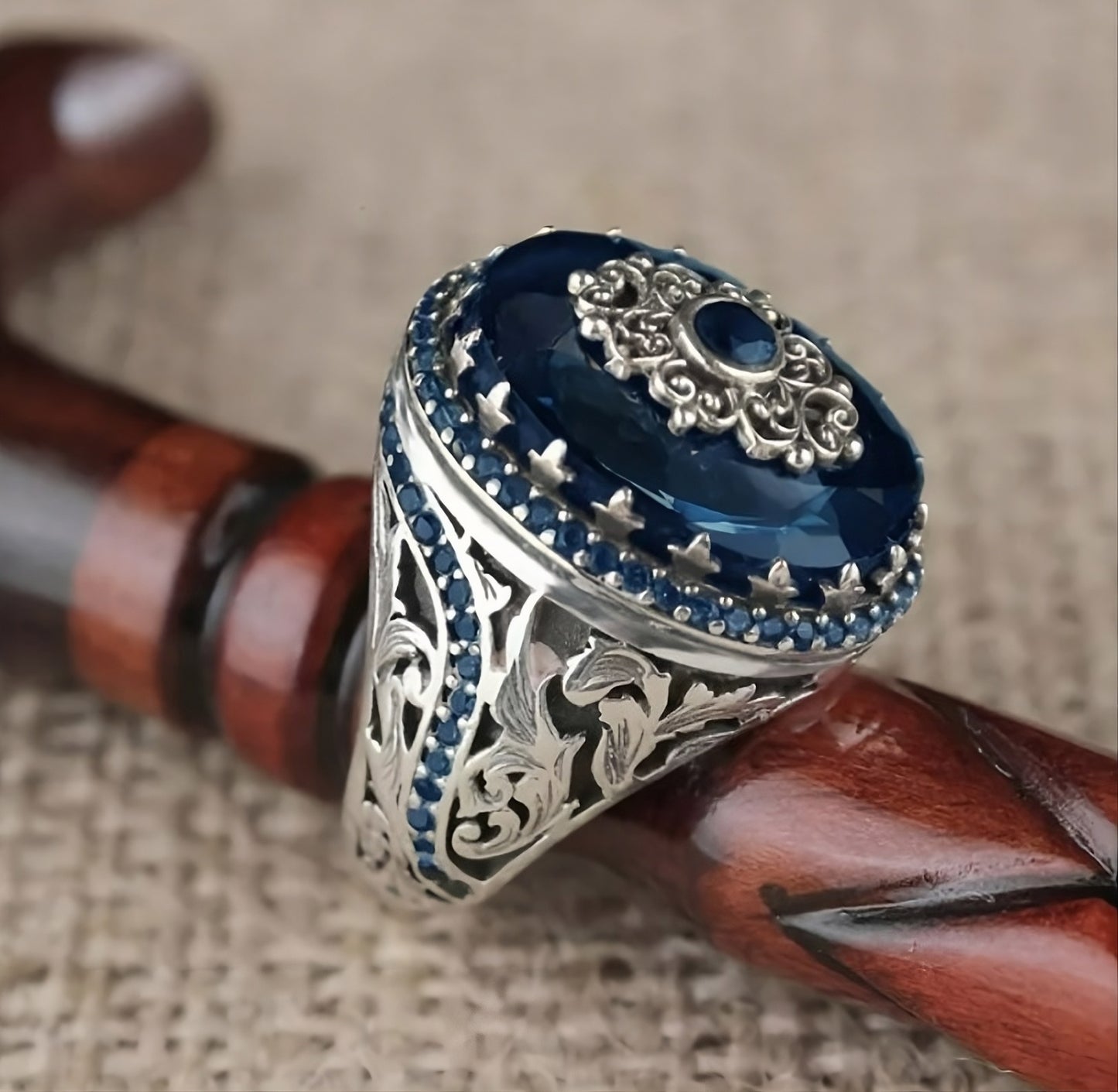Vintage Inspired Blue Ancient Middle East Arabic Style Men's Retro Silver Ring