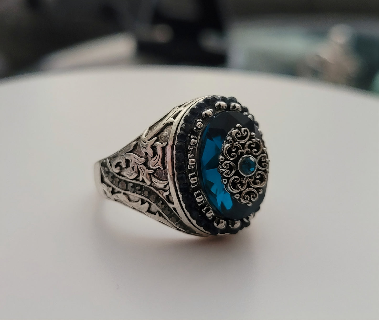 Vintage Inspired Blue Ancient Middle East Arabic Style Men's Retro Silver Ring