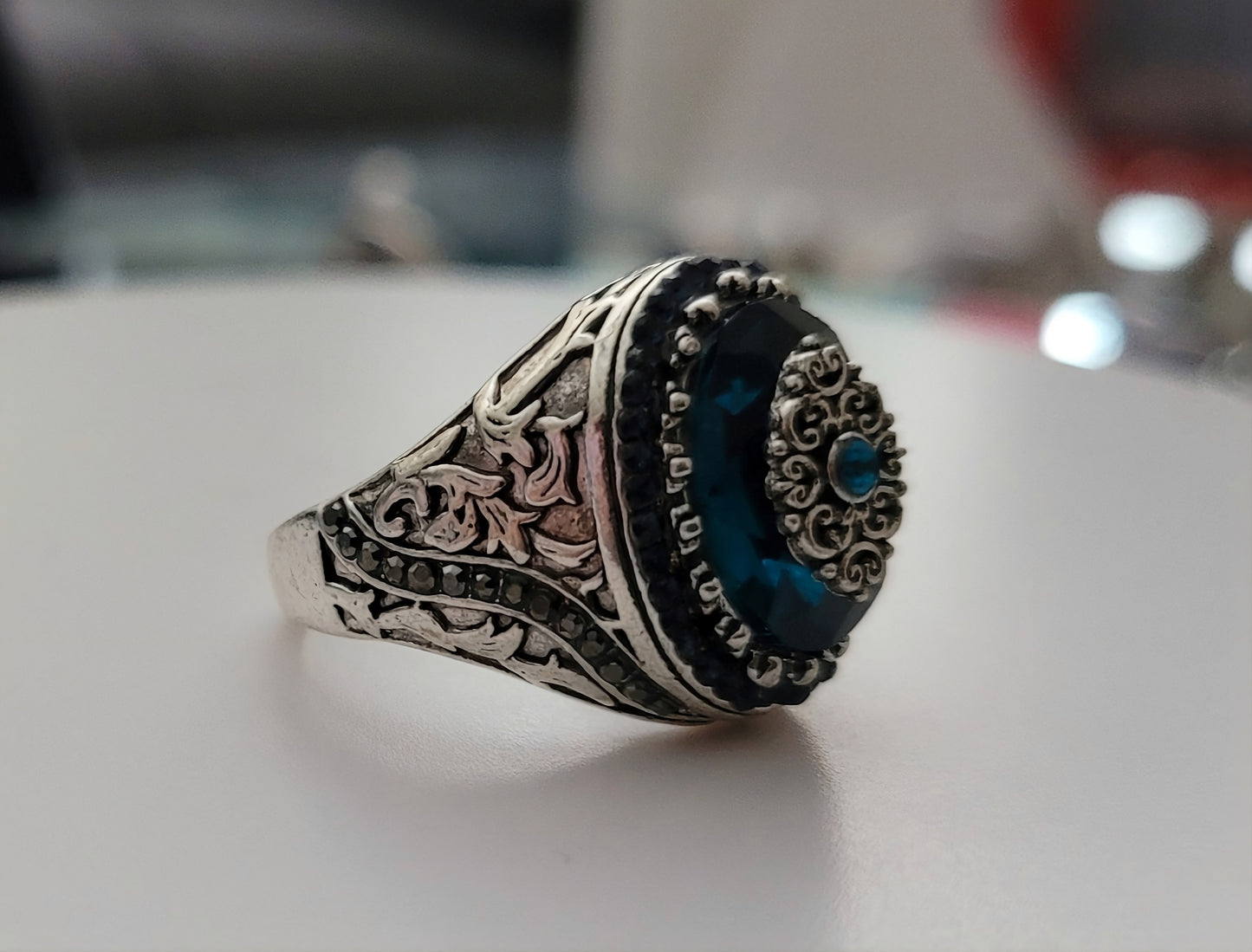 Vintage Inspired Blue Ancient Middle East Arabic Style Men's Retro Silver Ring