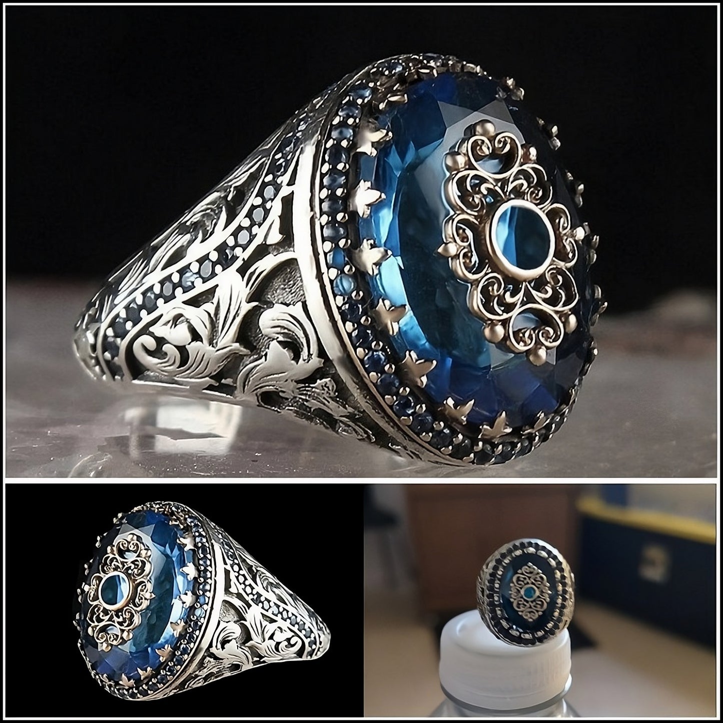 Vintage Inspired Blue Ancient Middle East Arabic Style Men's Retro Silver Ring
