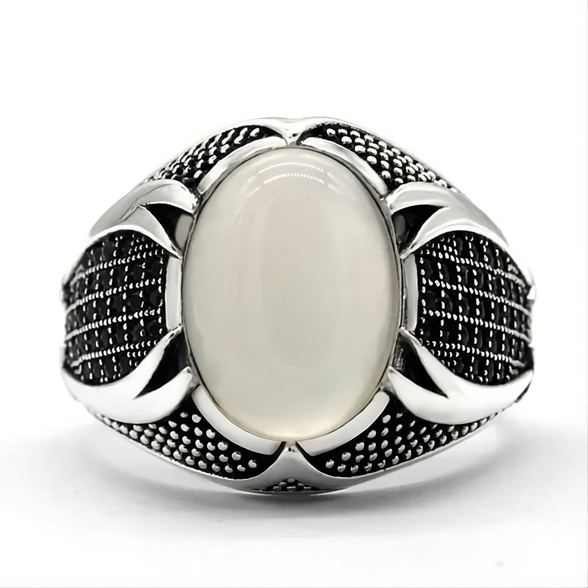 Men's 925 Sterling Silver Opal & Black CZ Geometric Statement Ring
