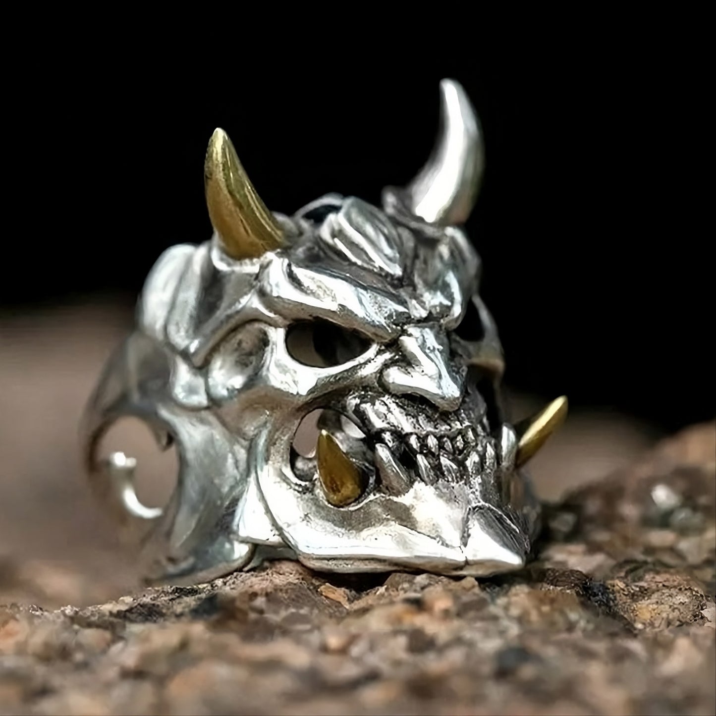 Gothic Demon Skull Ring for Men — Yokai Punk Biker Open Silver Ring