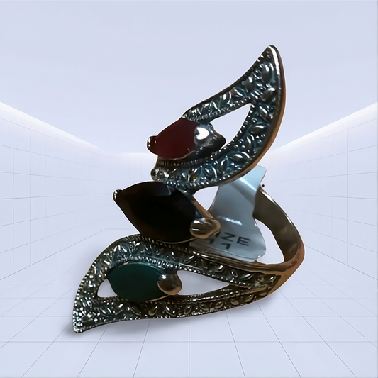 Vintage Inspired Antique Silver Colorful Mosaic Resin Turkish Ring