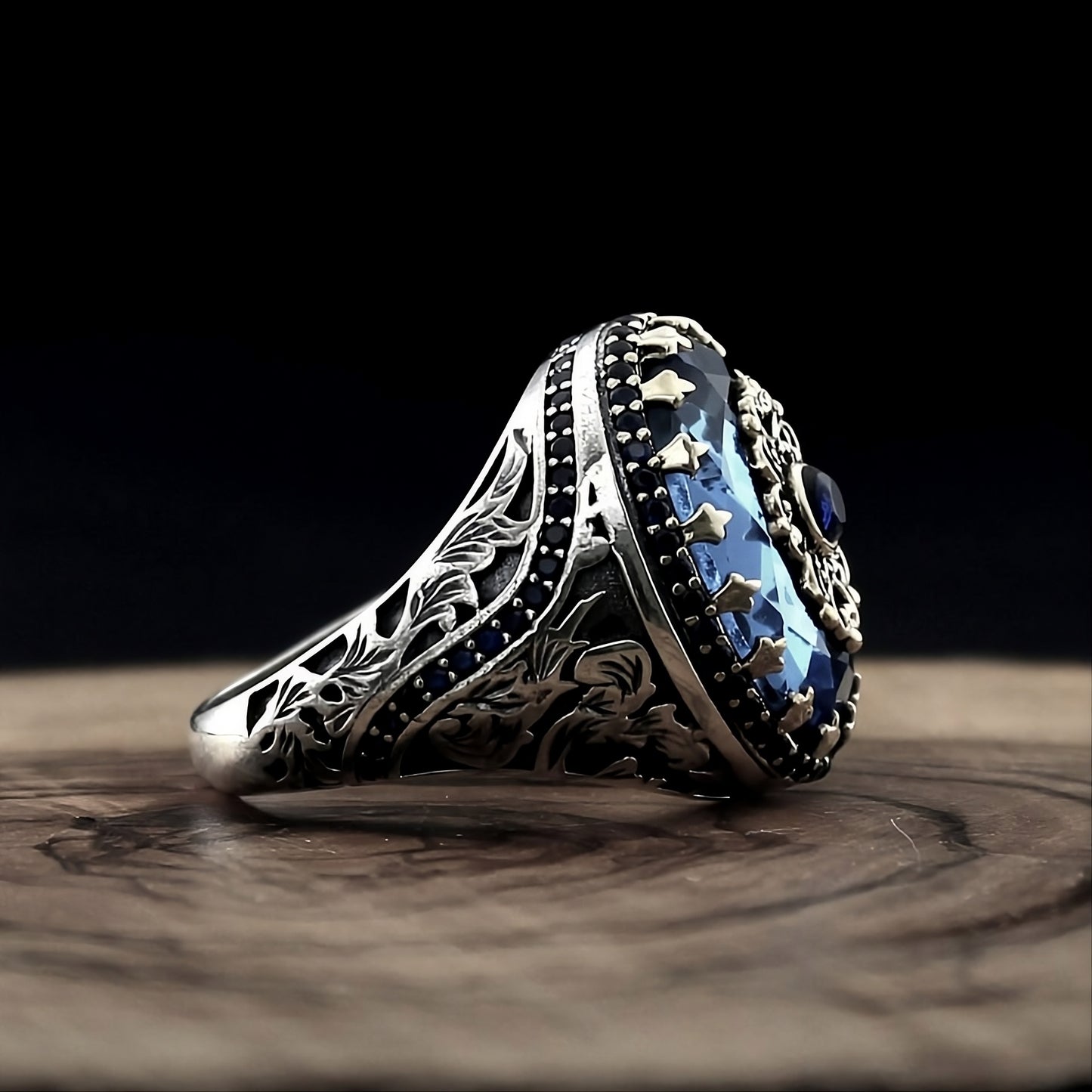 Vintage Inspired Blue Ancient Middle East Arabic Style Men's Retro Silver Ring