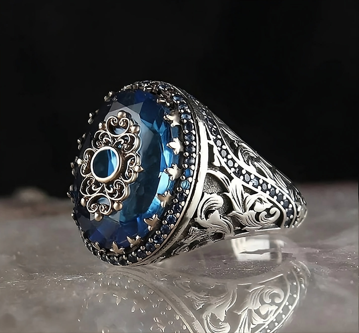 Vintage Inspired Blue Ancient Middle East Arabic Style Men's Retro Silver Ring
