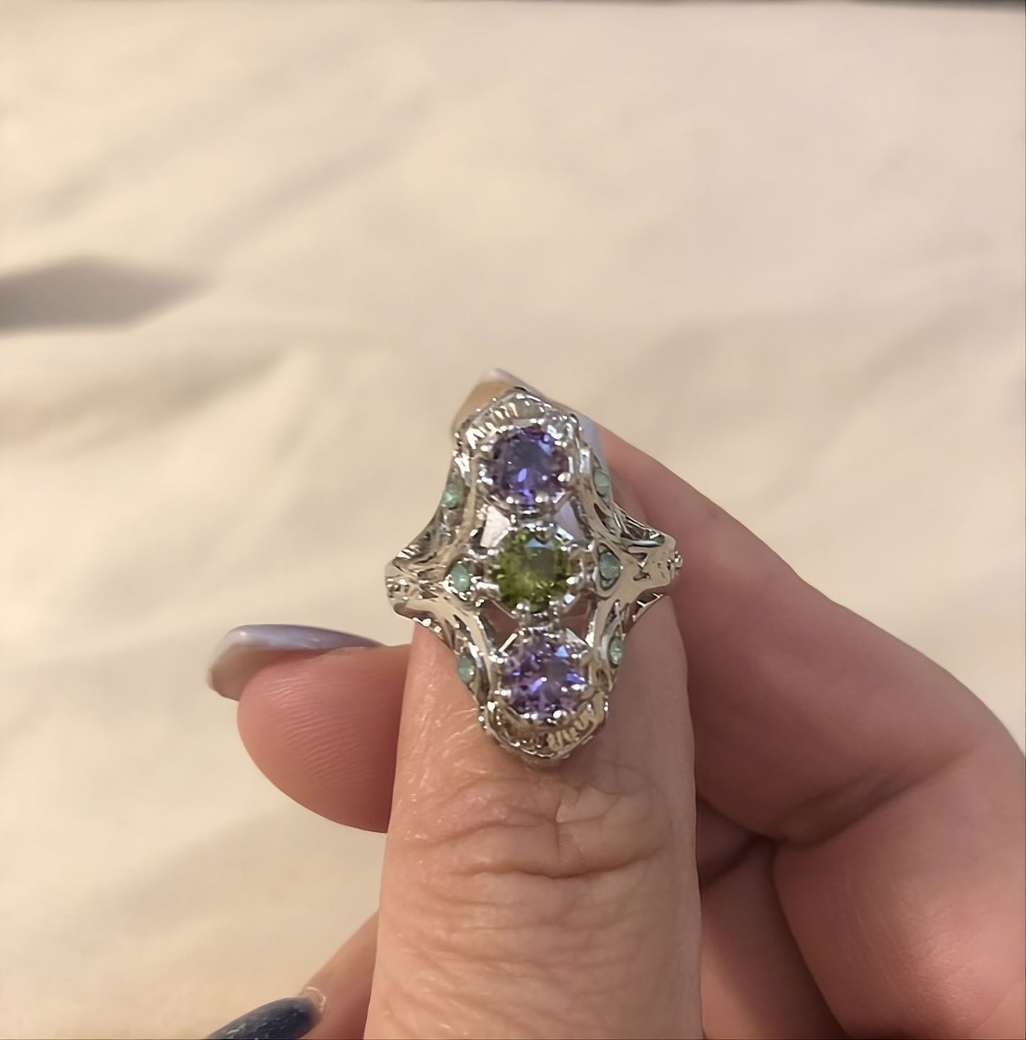 925 Sterling Silver Amethyst & Peridot Vintage Ring