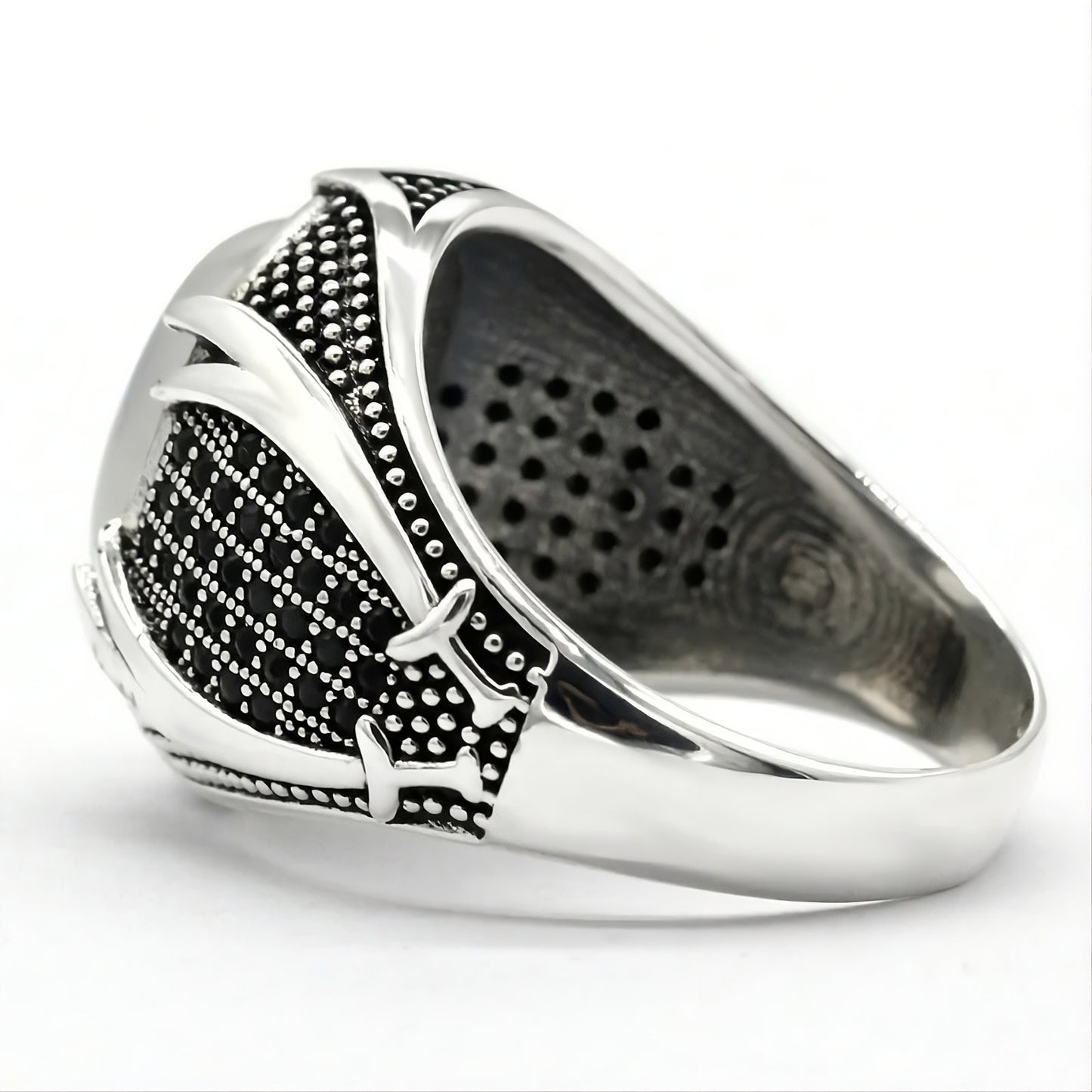 Men's 925 Sterling Silver Opal & Black CZ Geometric Statement Ring