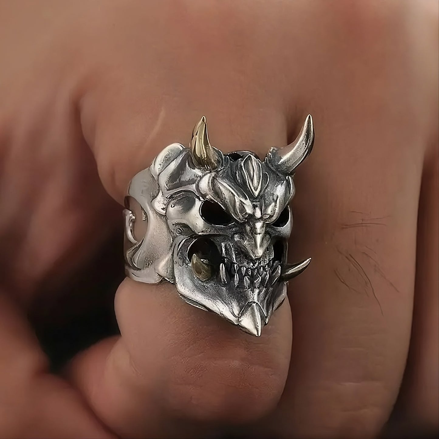 Gothic Demon Skull Ring for Men — Yokai Punk Biker Open Silver Ring