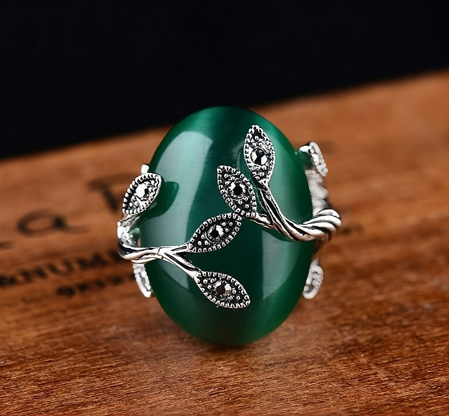 Vintage Handmade Austrian Green Blackened Silver Leaf Ring