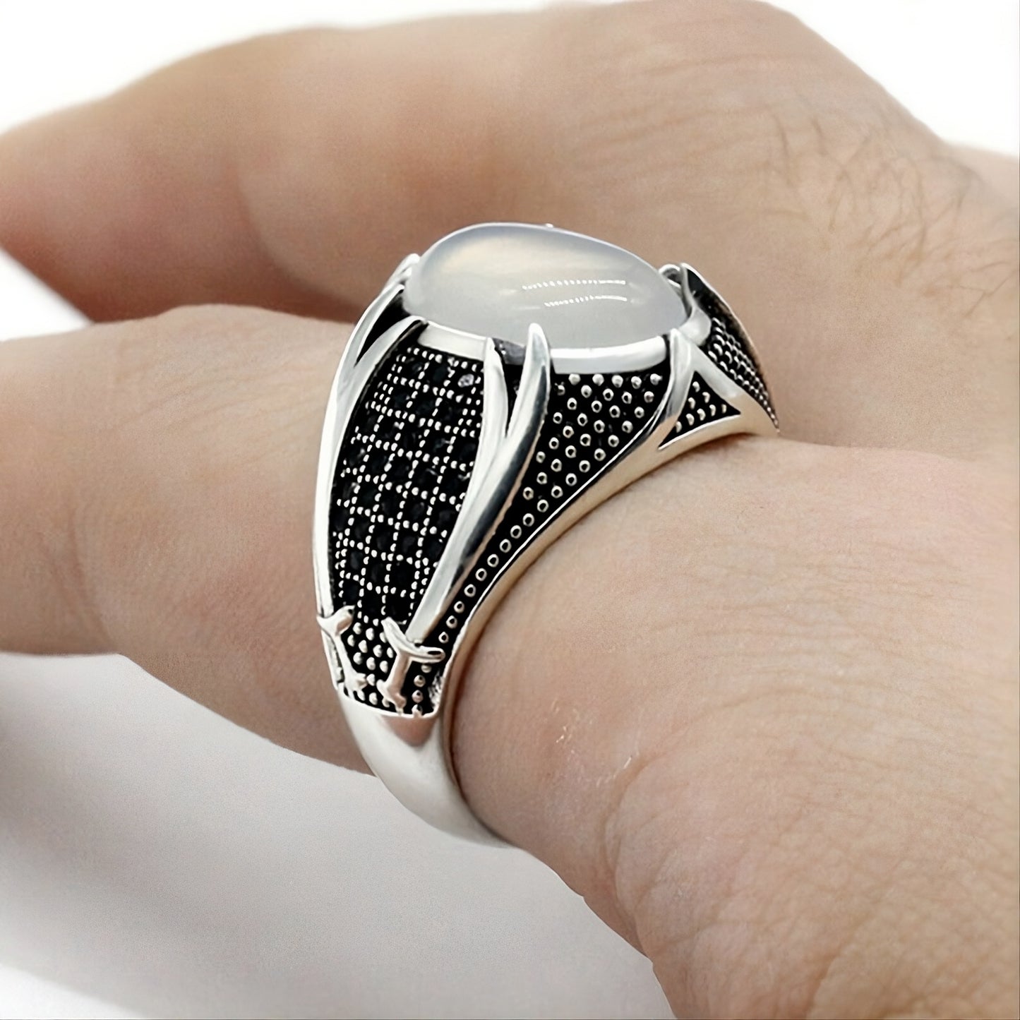 Men's 925 Sterling Silver Opal & Black CZ Geometric Statement Ring