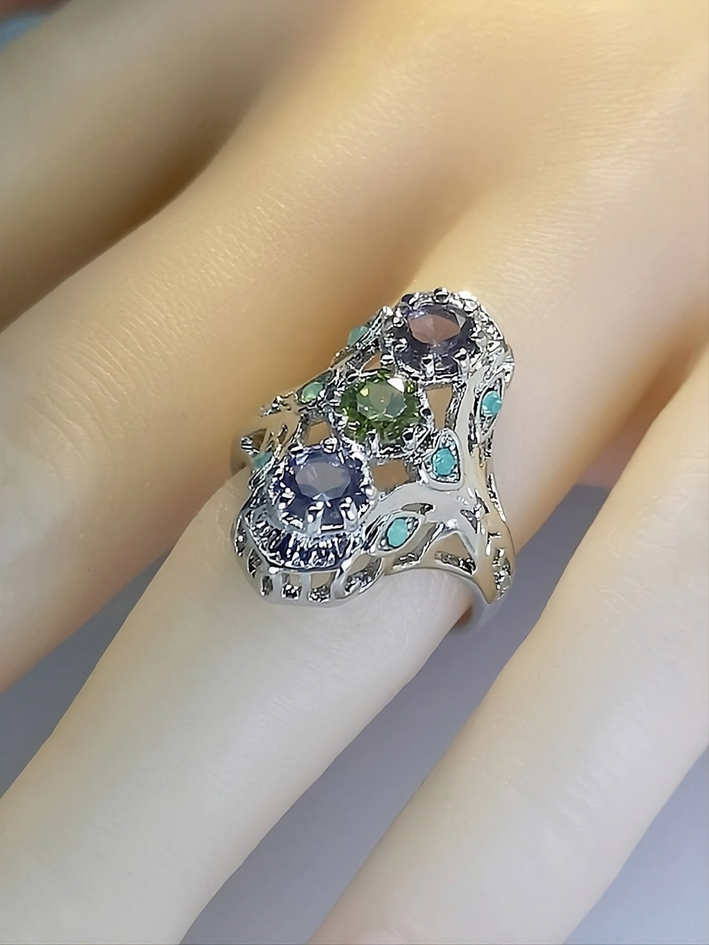 925 Sterling Silver Amethyst & Peridot Vintage Ring