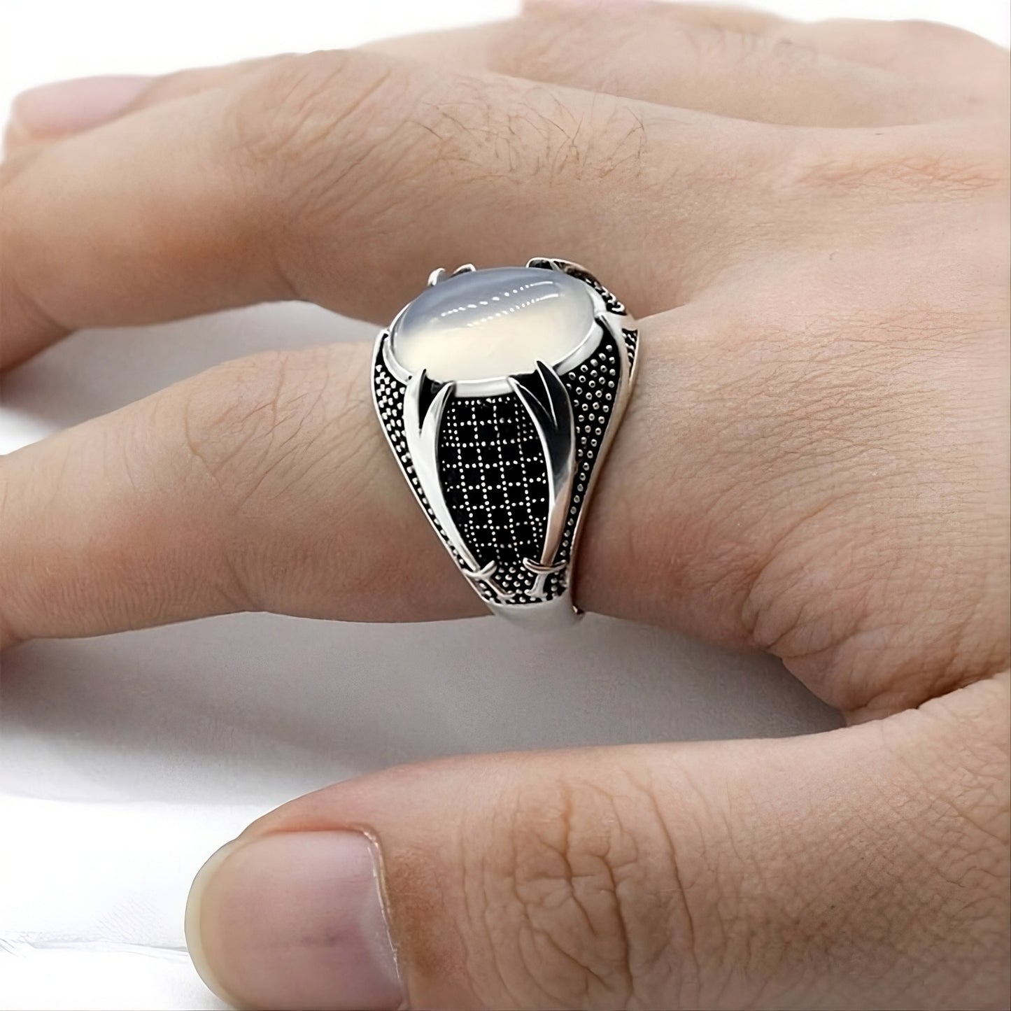 Men's 925 Sterling Silver Opal & Black CZ Geometric Statement Ring