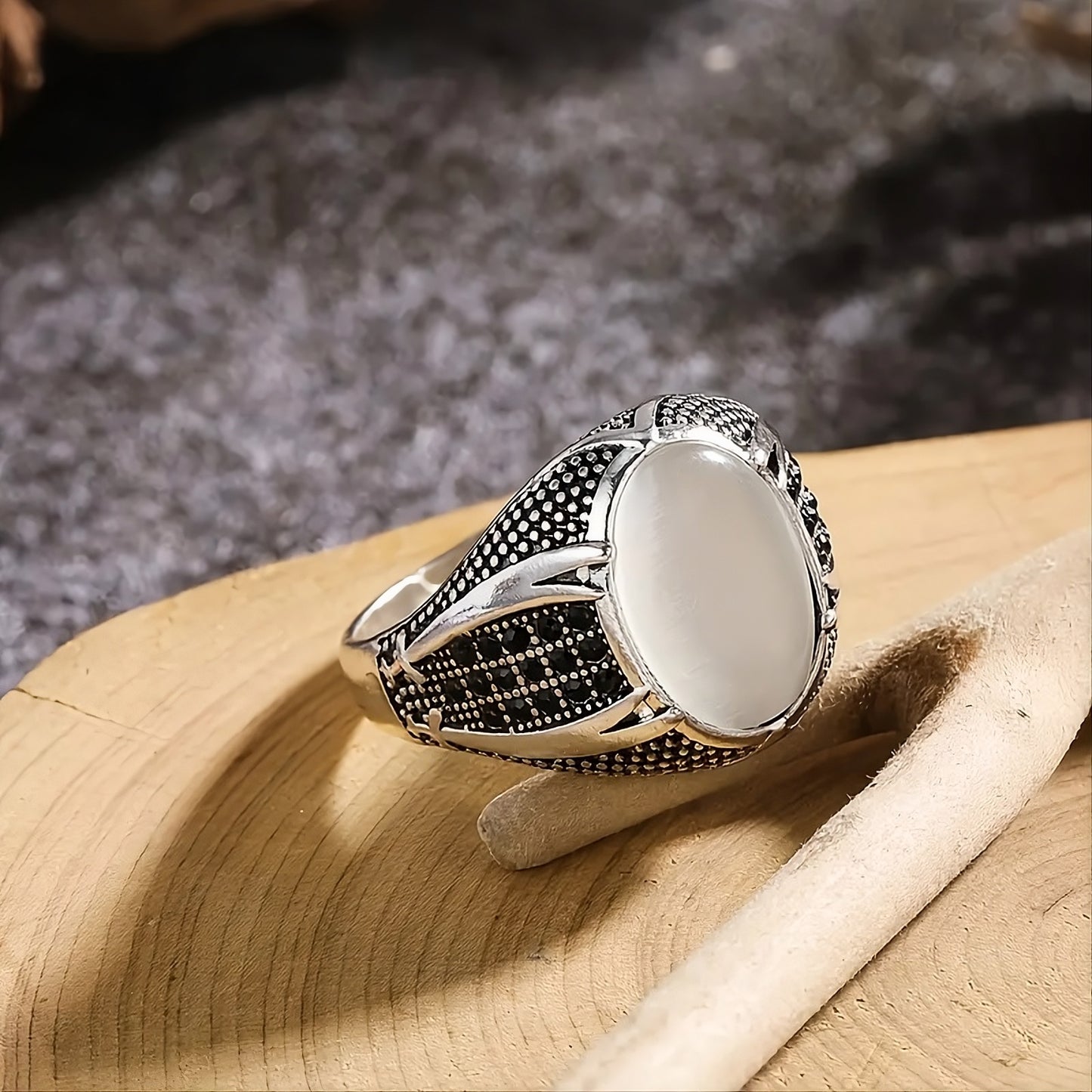 Men's 925 Sterling Silver Opal & Black CZ Geometric Statement Ring