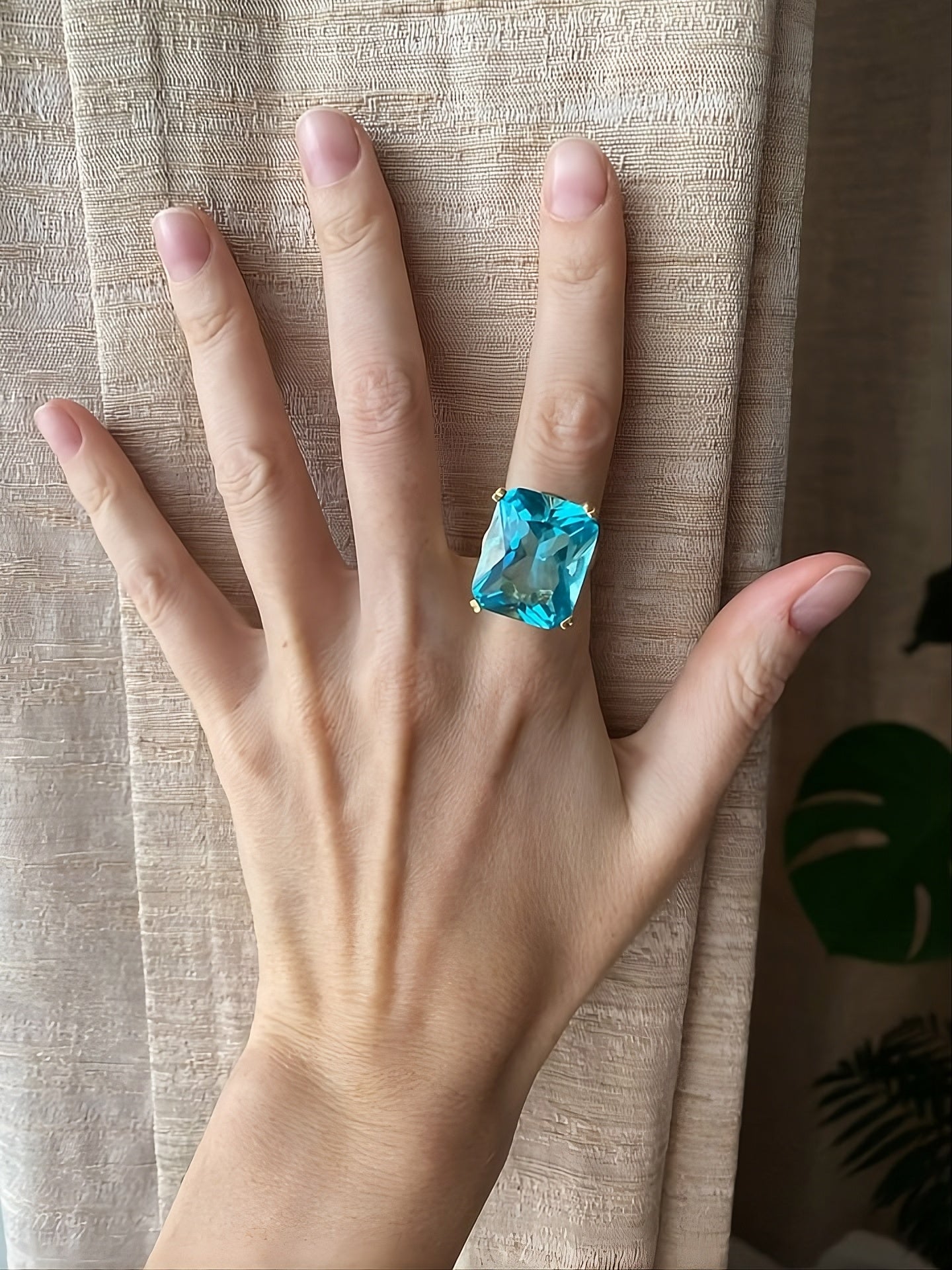 Sea Blue Emerald Cut CZ Statement Ring | Large Rhinestone Gold Prong S925