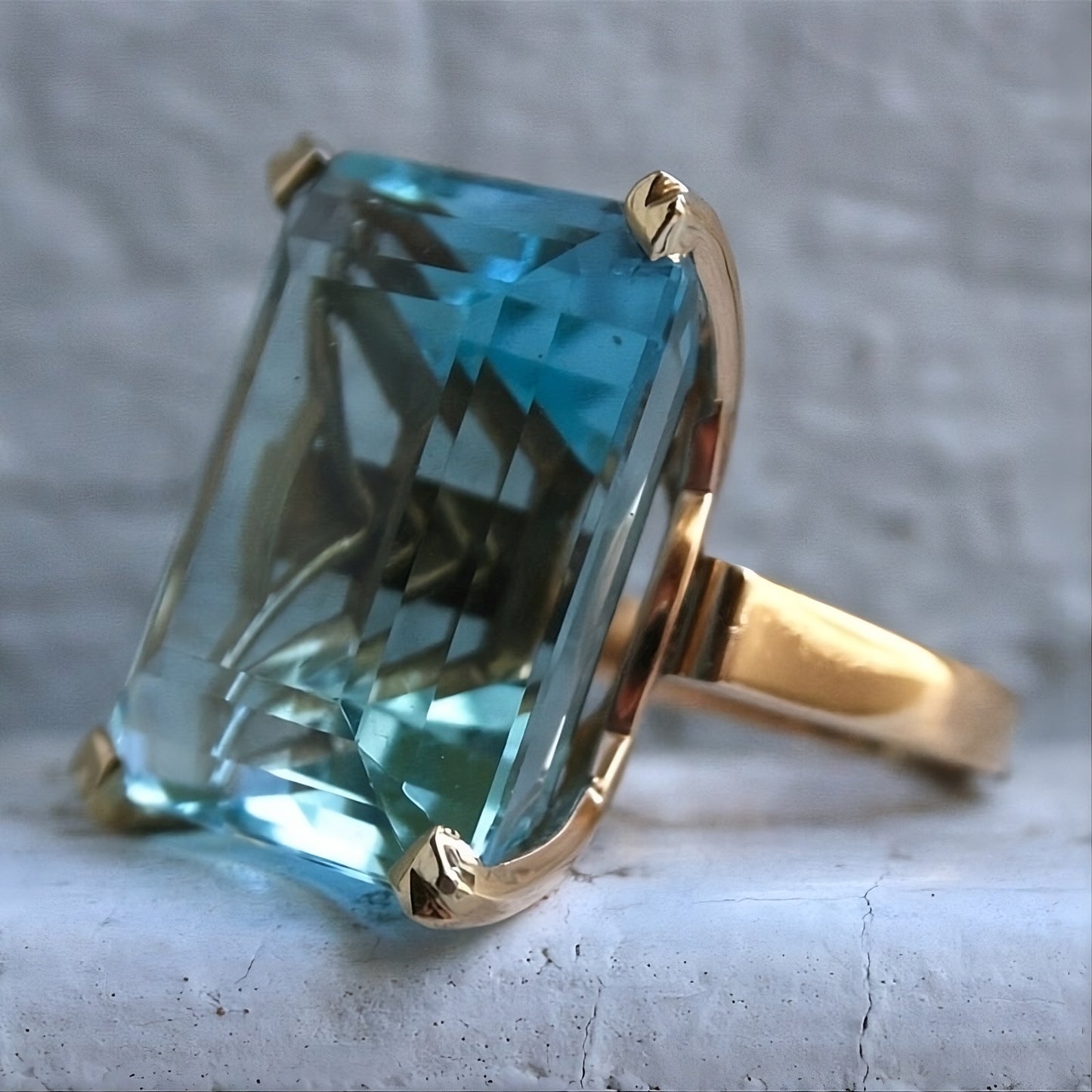 Sea Blue Emerald Cut CZ Statement Ring | Large Rhinestone Gold Prong S925