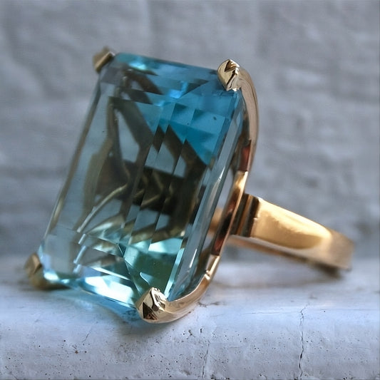Sea Blue Emerald Cut CZ Statement Ring | Large Rhinestone Gold Prong S925