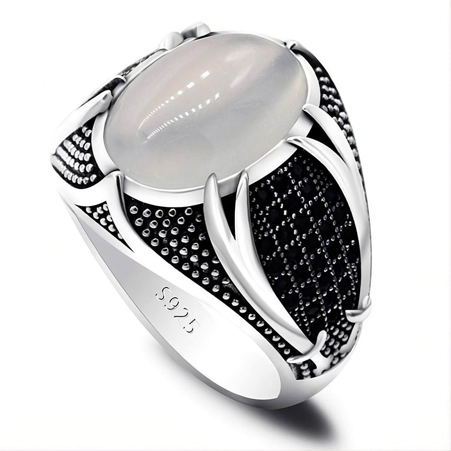 Men's 925 Sterling Silver Opal & Black CZ Geometric Statement Ring