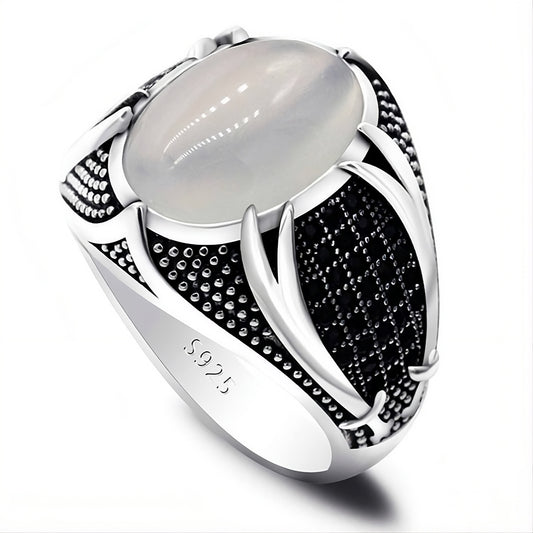 Men's 925 Sterling Silver Opal & Black CZ Geometric Statement Ring